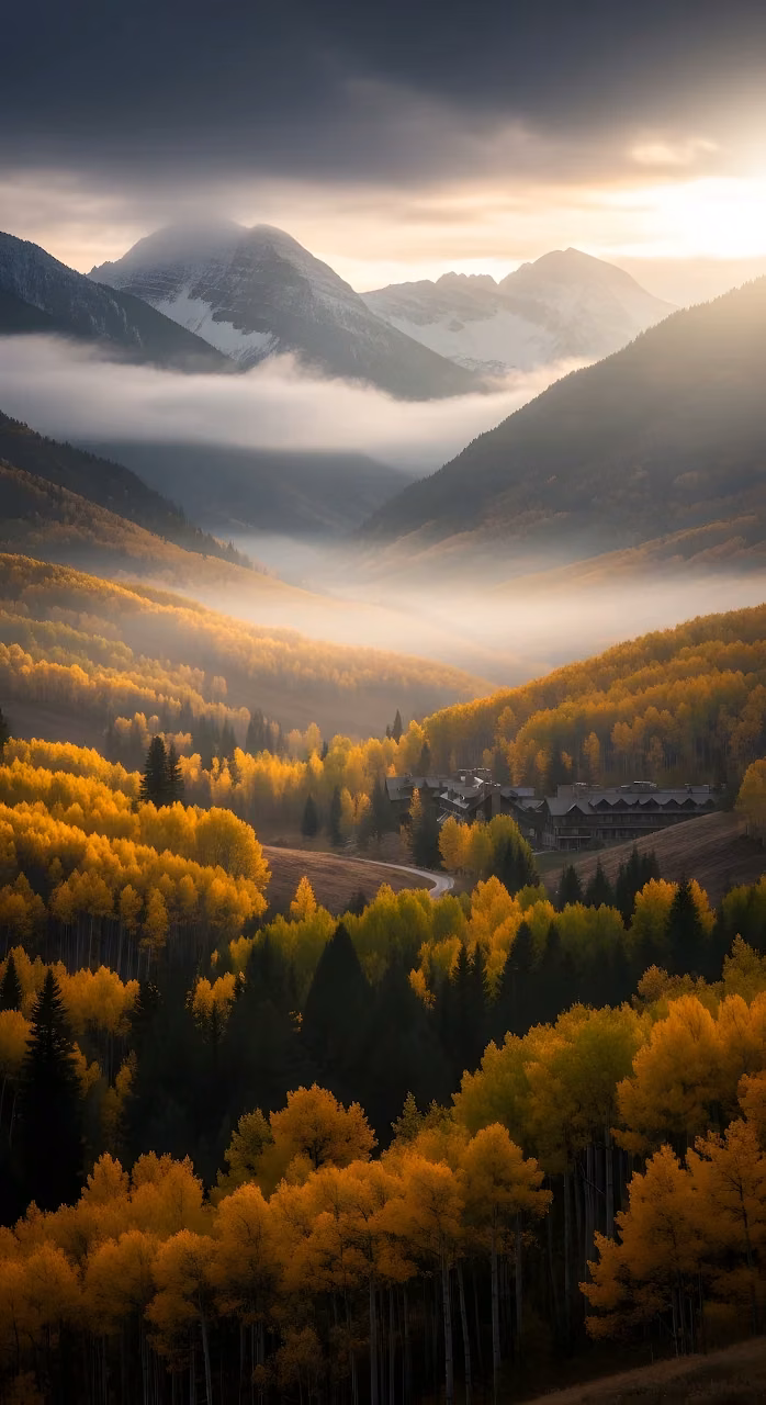 Misty Aspen Valley with Lodge and Snow Peaks - Free Mobile AMOLED Wallpaper Background