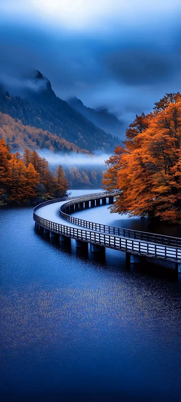 Download Misty Autumn Forest Bridge Over Blue Lake Wallpaper in Mobile HD Misty Autumn Forest Bridge Over Blue Lake - Free Mobile AMOLED Wallpaper Background