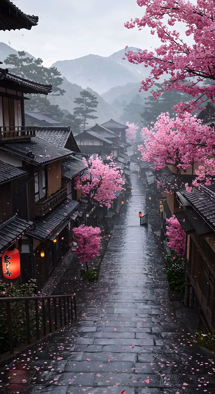 Download Misty Cherry Blossom Street in Historic Japanese Town Wallpaper in Mobile HD Misty Cherry Blossom Street in Historic Japanese Town - Free Mobile AMOLED Wallpaper Background