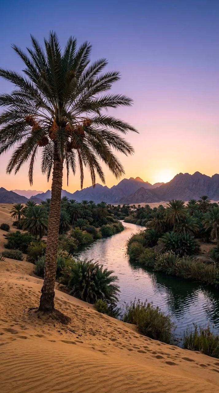 Misty Desert Oasis at Dawn with Winding River and Palm Trees - Free Mobile AMOLED Wallpaper Background