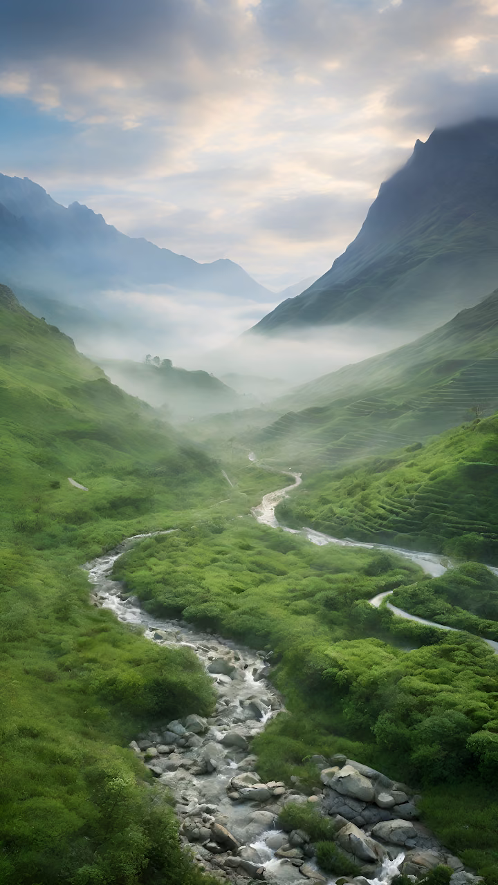 Misty Green Valley Stream and Lush Mountain Terraces - Free Mobile AMOLED Wallpaper Background
