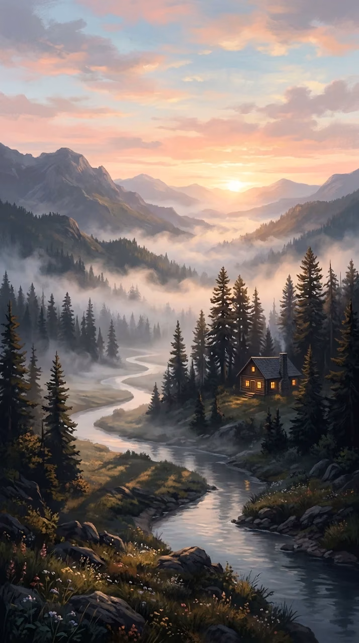 Download Misty Morning Valley Landscape with Lone Cabin and Pine Trees Wallpaper in Mobile HD Misty Morning Valley Landscape with Lone Cabin and Pine Trees - Free Mobile AMOLED Wallpaper Background