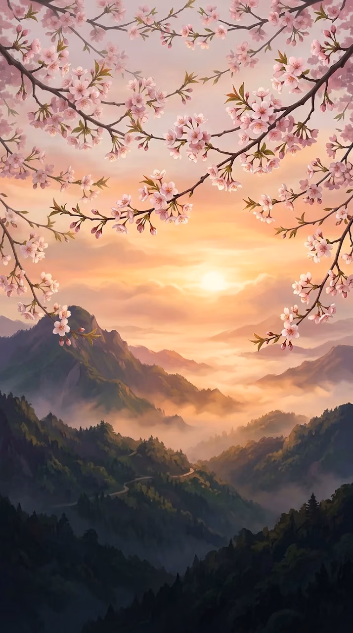 Download Misty Mountain Valley with Cherry Blossoms at Sunset Wallpaper in Mobile HD Misty Mountain Valley with Cherry Blossoms at Sunset - Free Mobile AMOLED Wallpaper Background