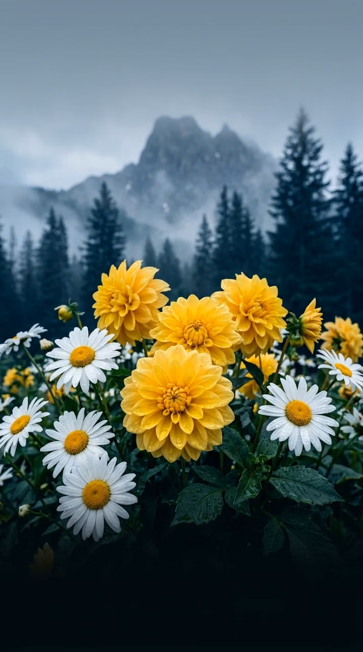 Misty Mountain Yellow and White Dahlias Wallpaper - Free Mobile AMOLED Wallpaper Background