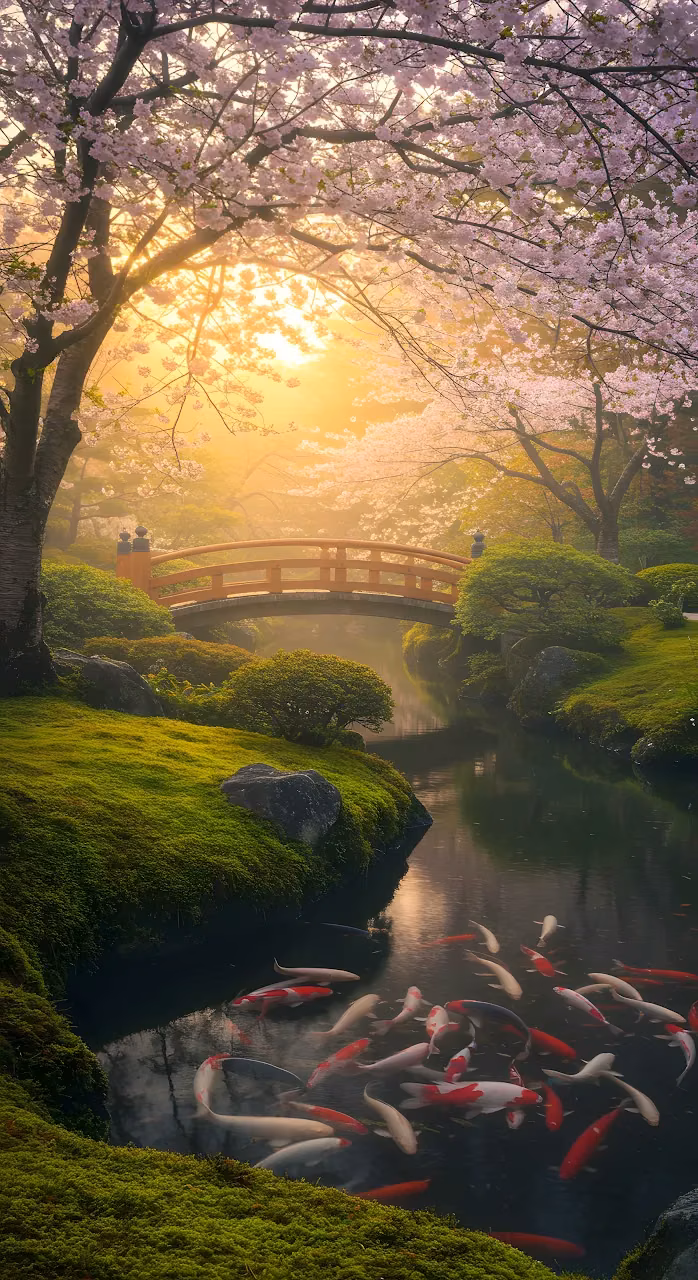 Misty Sunrise in Japanese Garden with Red Bridge and Koi - Free Mobile AMOLED Wallpaper Background