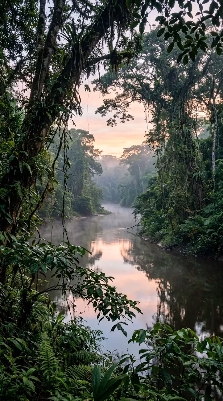 Misty Tropical Rainforest River at Dawn with Lush Canopy - Free Mobile AMOLED Wallpaper Background
