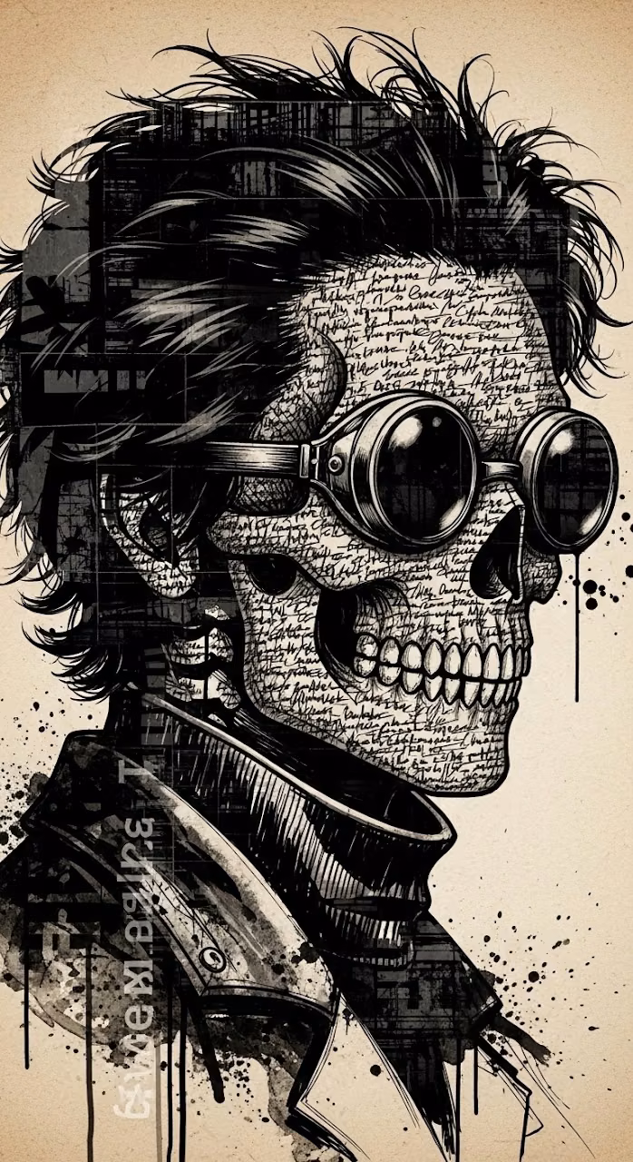 Mixed Media Grunge Portrait of a Skull Face Character with Goggles - Free Mobile AMOLED Wallpaper Background