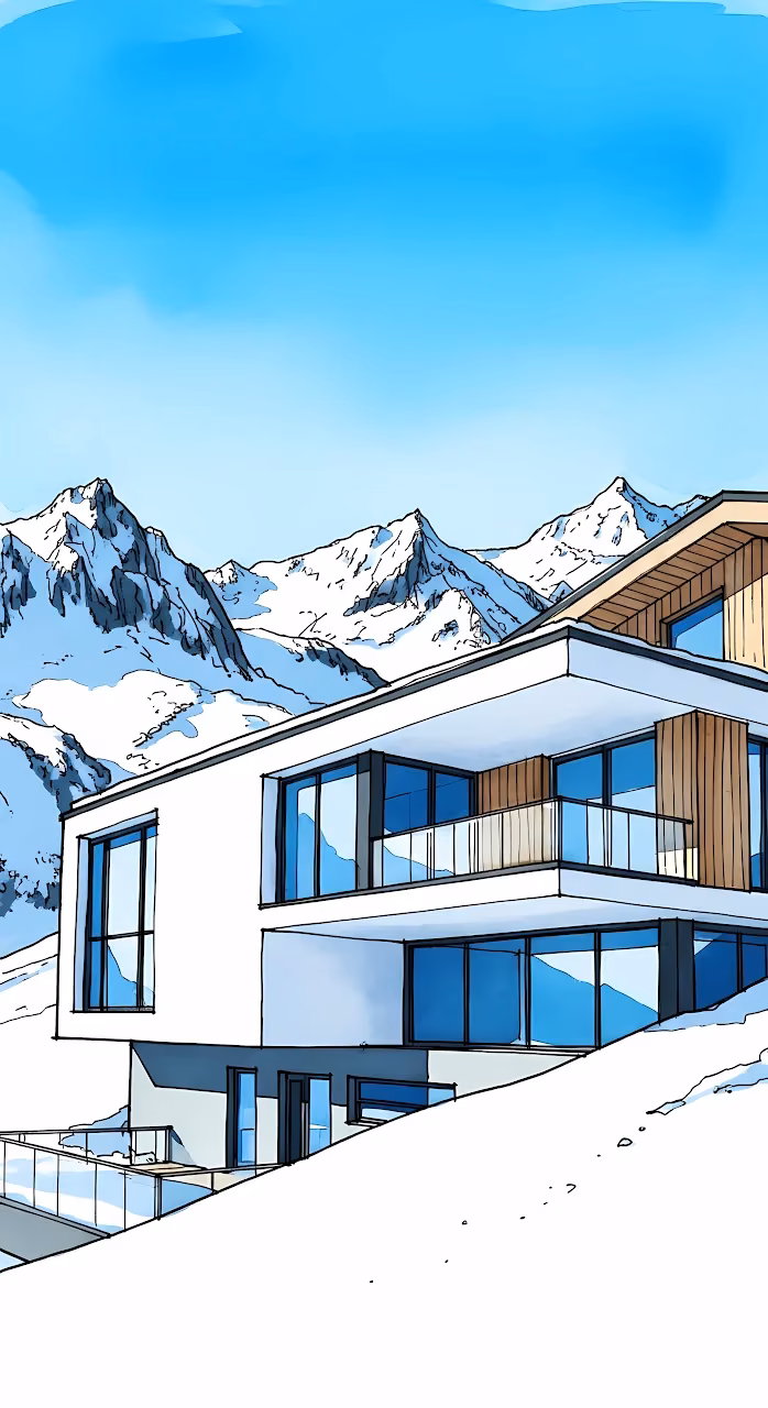 Download Modern Alpine Chalet with Snowy Mountain View Illustration Wallpaper in Mobile HD Modern Alpine Chalet with Snowy Mountain View Illustration - Free Mobile AMOLED Wallpaper Background