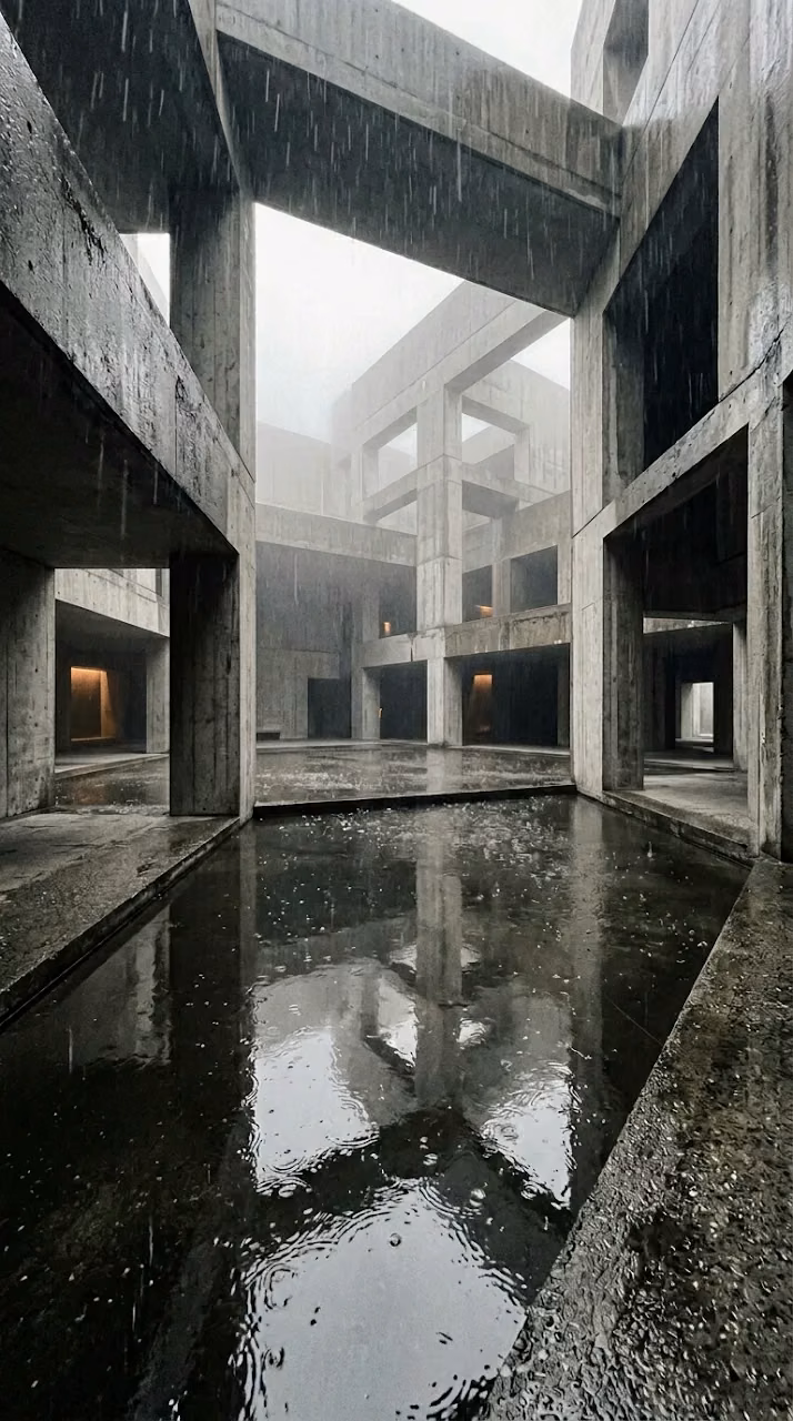 Download Modern Brutalist Architecture Rain Courtyard Wallpaper Wallpaper in Mobile HD Modern Brutalist Architecture Rain Courtyard Wallpaper - Free Mobile AMOLED Wallpaper Background