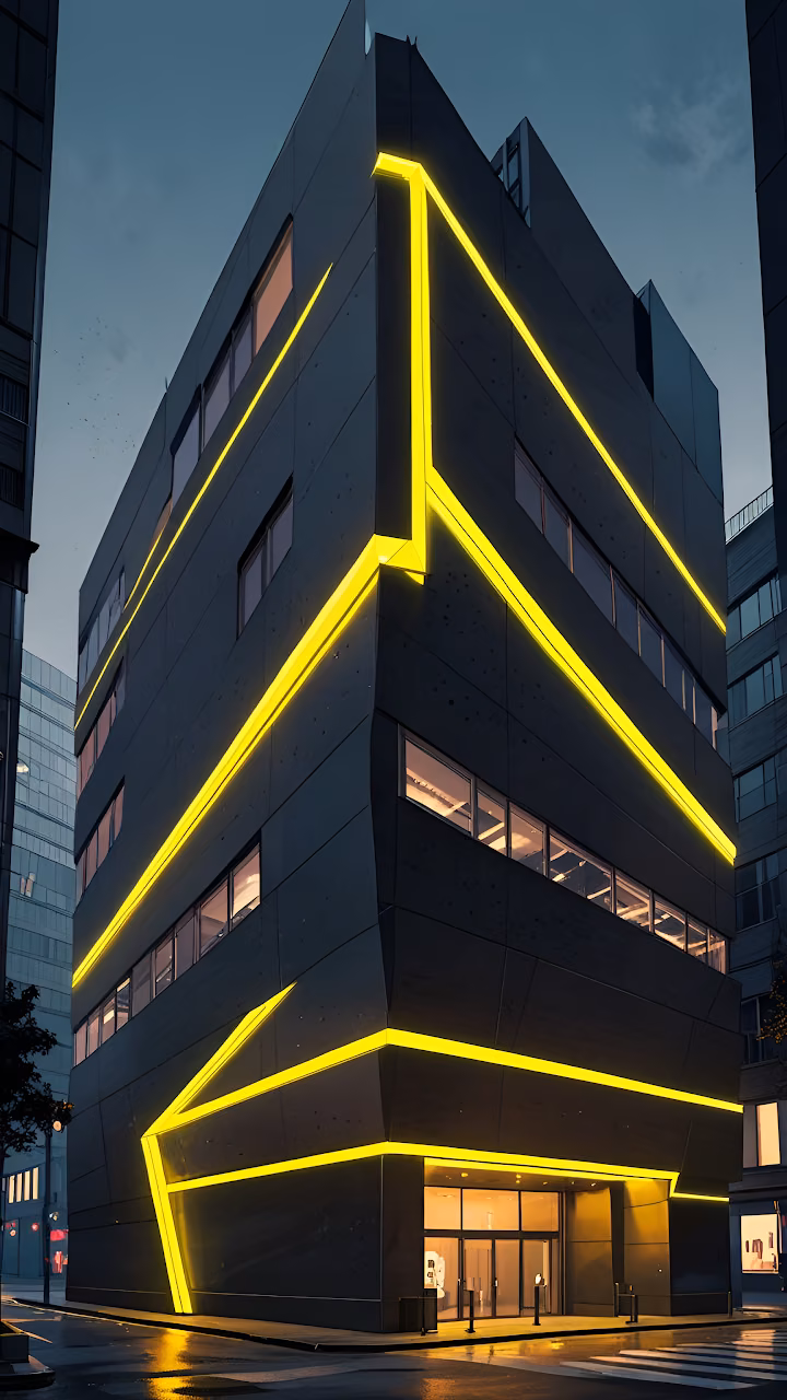 Modern Building with Glowing Yellow Neon Lines at Night - Free Mobile AMOLED Wallpaper Background