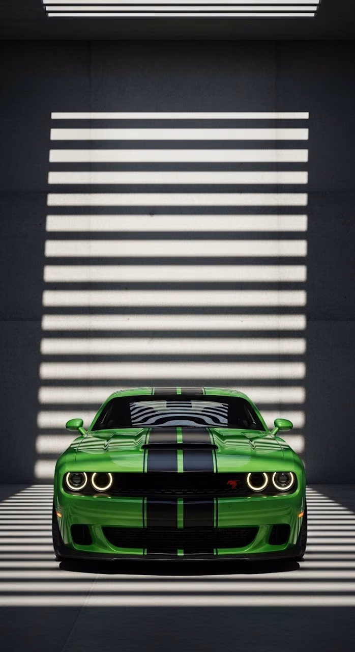 Download Modern Green Muscle Car in Concrete Industrial Garage Wallpaper in Mobile HD Modern Green Muscle Car in Concrete Industrial Garage - Free Mobile AMOLED Wallpaper Background