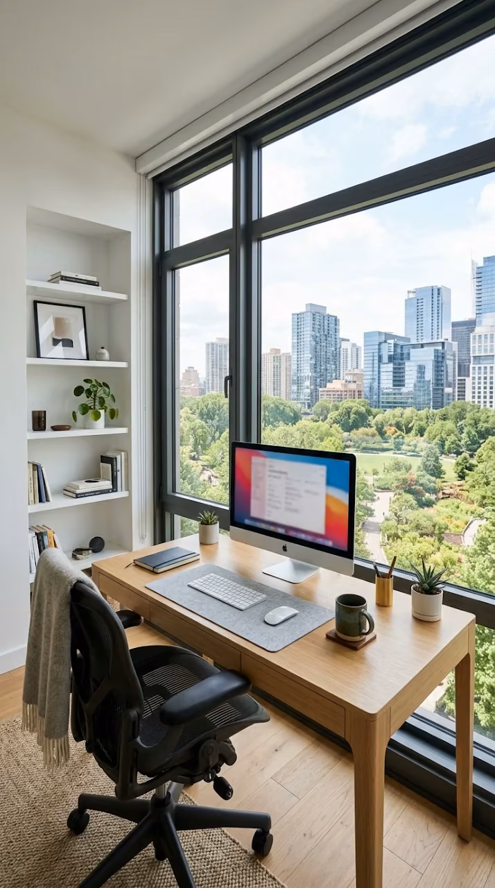 Download Modern Home Office with Ergonomic Chair and Sprawling Park View Wallpaper in Mobile HD Modern Home Office with Ergonomic Chair and Sprawling Park View - Free Mobile AMOLED Wallpaper Background