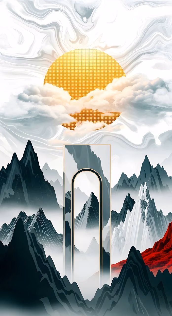Modern Ink Landscape with Geometric Arch and Gold Sun - Free Mobile AMOLED Wallpaper Background