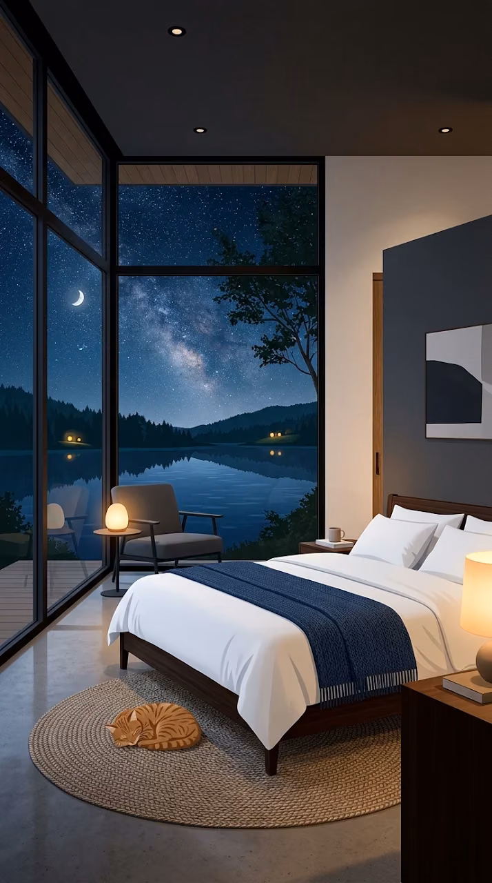 Download Modern Minimalist Bedroom with Starry Lake Night View Wallpaper in Mobile HD Modern Minimalist Bedroom with Starry Lake Night View - Free Mobile AMOLED Wallpaper Background