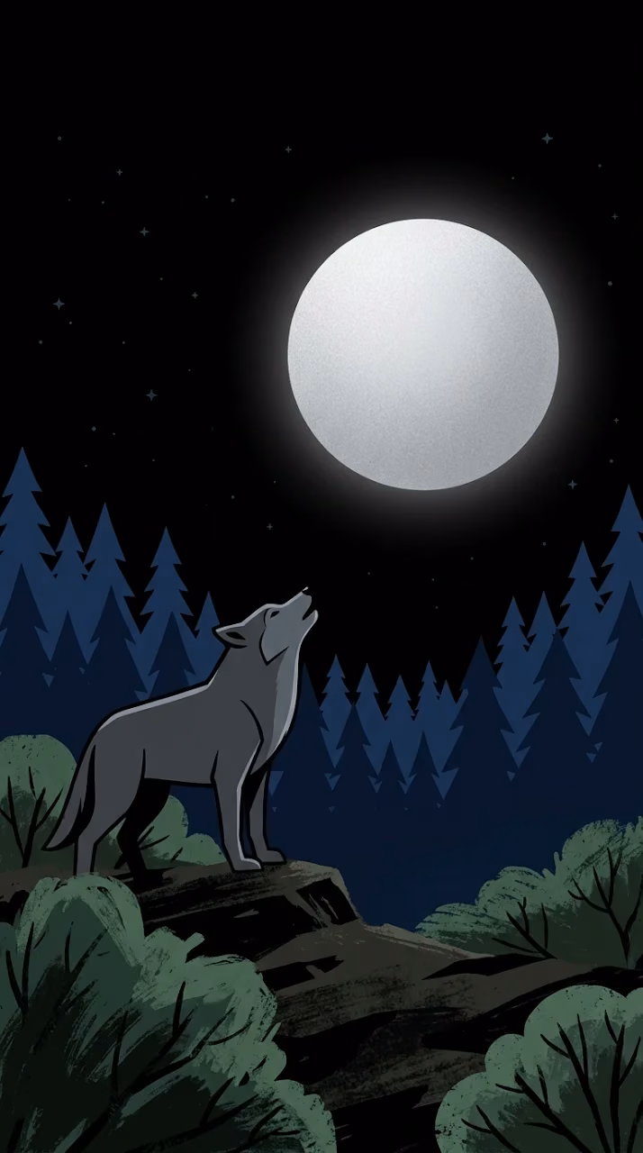 Modern Minimalist Wolf Gazing at Large Silver Moon in Pine Forest - Free Mobile AMOLED Wallpaper Background