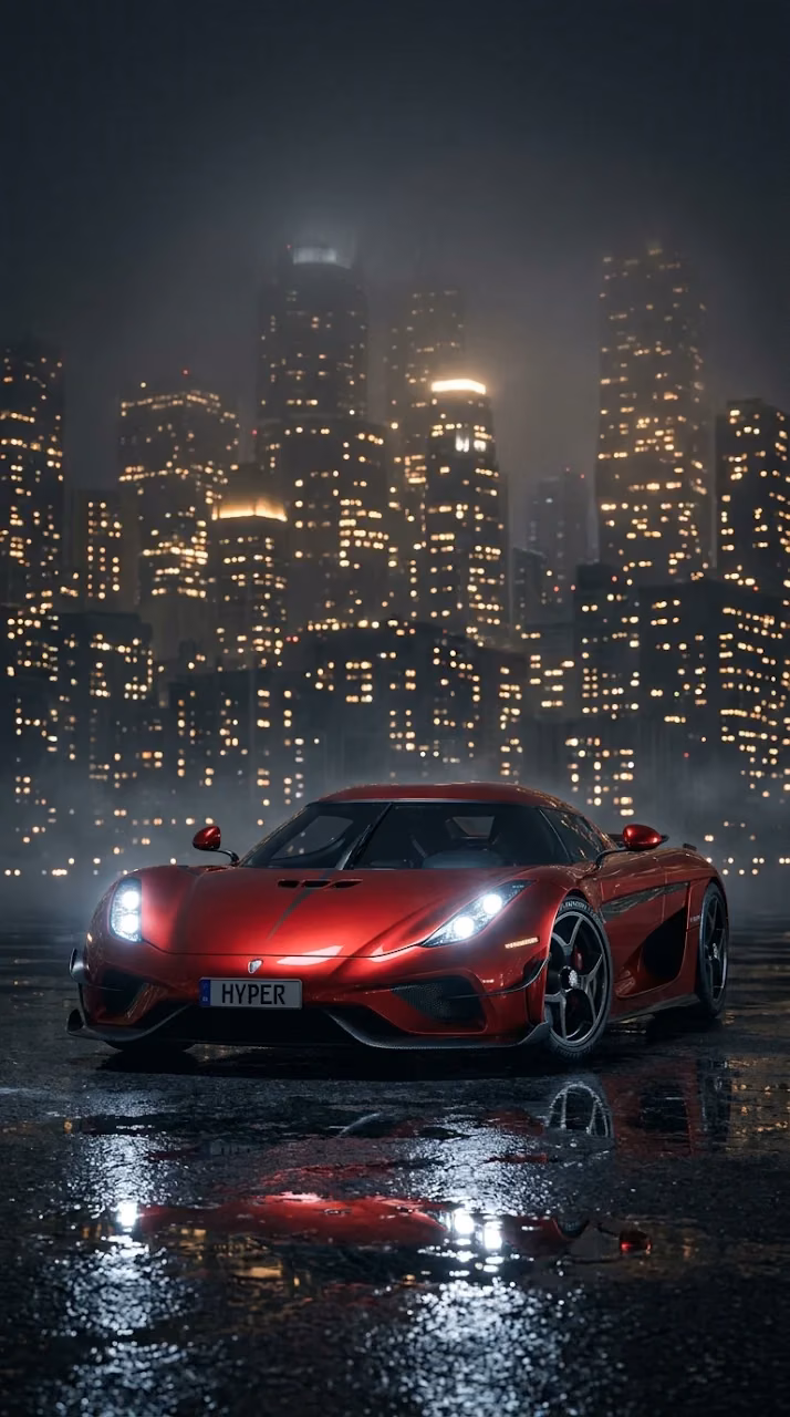 Modern Red Supercar Overlooking Misty City Skyline at Night - Free Mobile AMOLED Wallpaper Background