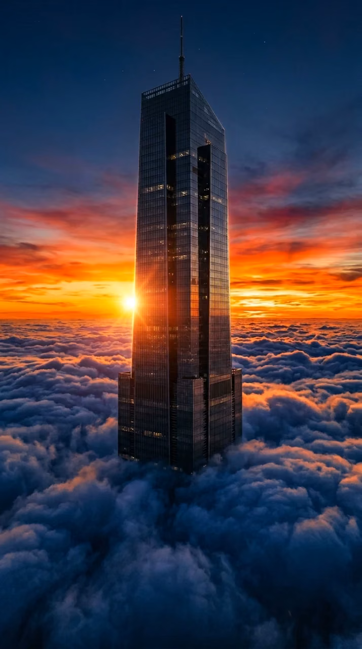 Modern Skyscrapers Piercing Through a Sea of Clouds at Sunset - Free Mobile AMOLED Wallpaper Background