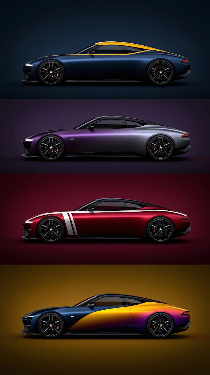 Side profile views of four sleek sports coupes in blue, purple, red, and sunset gradient paint finishes.