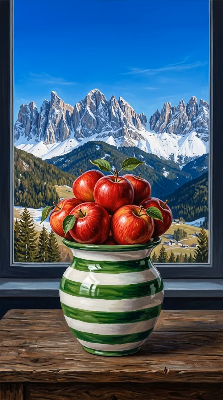 Modern Still Life with Red Apples and Snowy Mountain Background - Free Mobile AMOLED Wallpaper Background