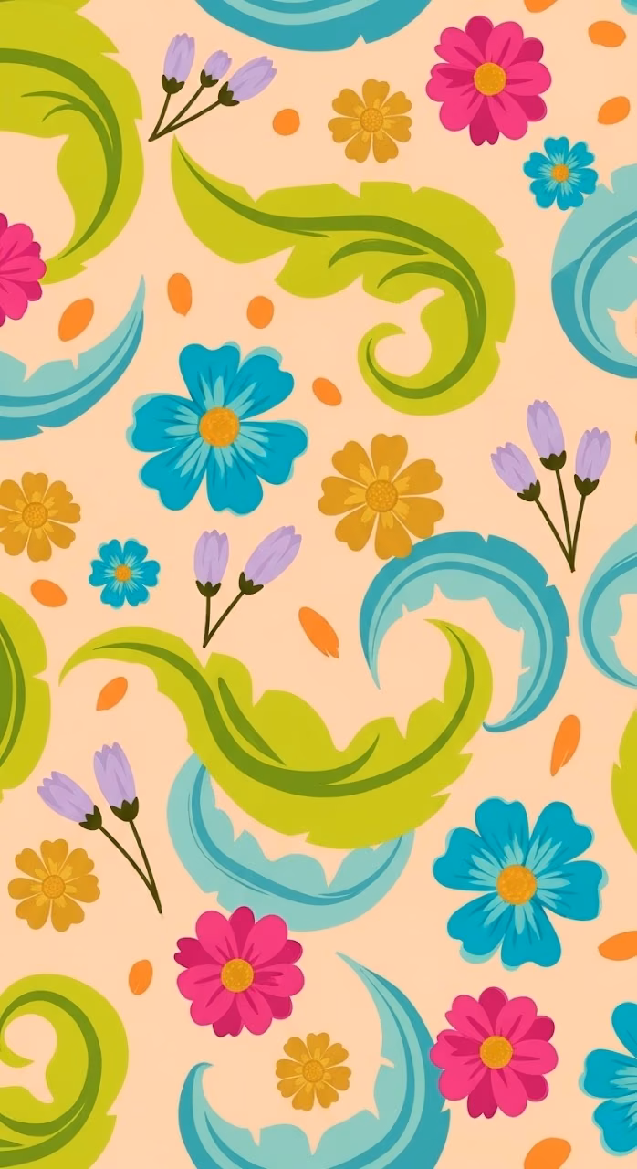 Modern Whimsical Floral Pattern on Peach Background - Free Mobile AMOLED Wallpaper Background