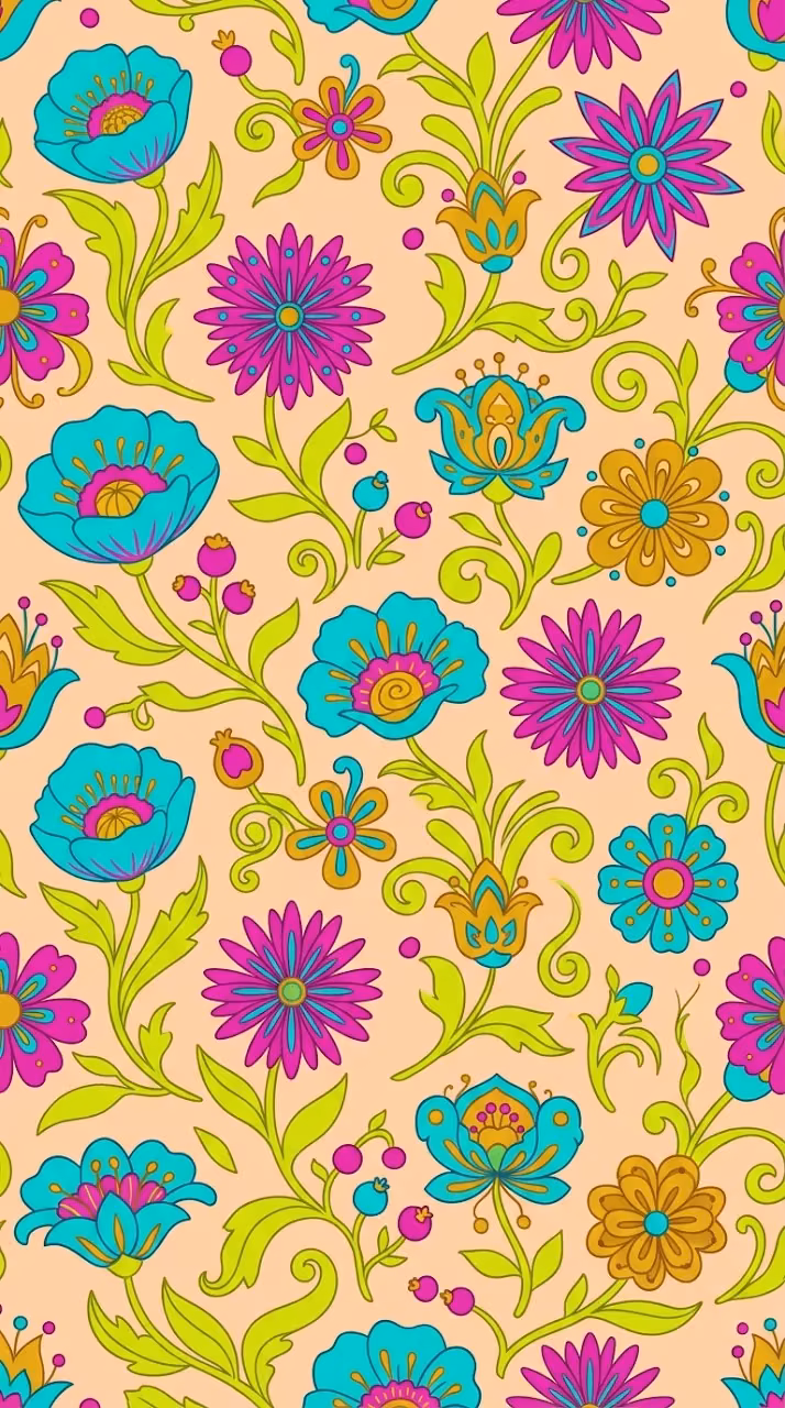 Modern Whimsical Floral Pattern with Turquoise and Magenta on Peach - Free Mobile AMOLED Wallpaper Background