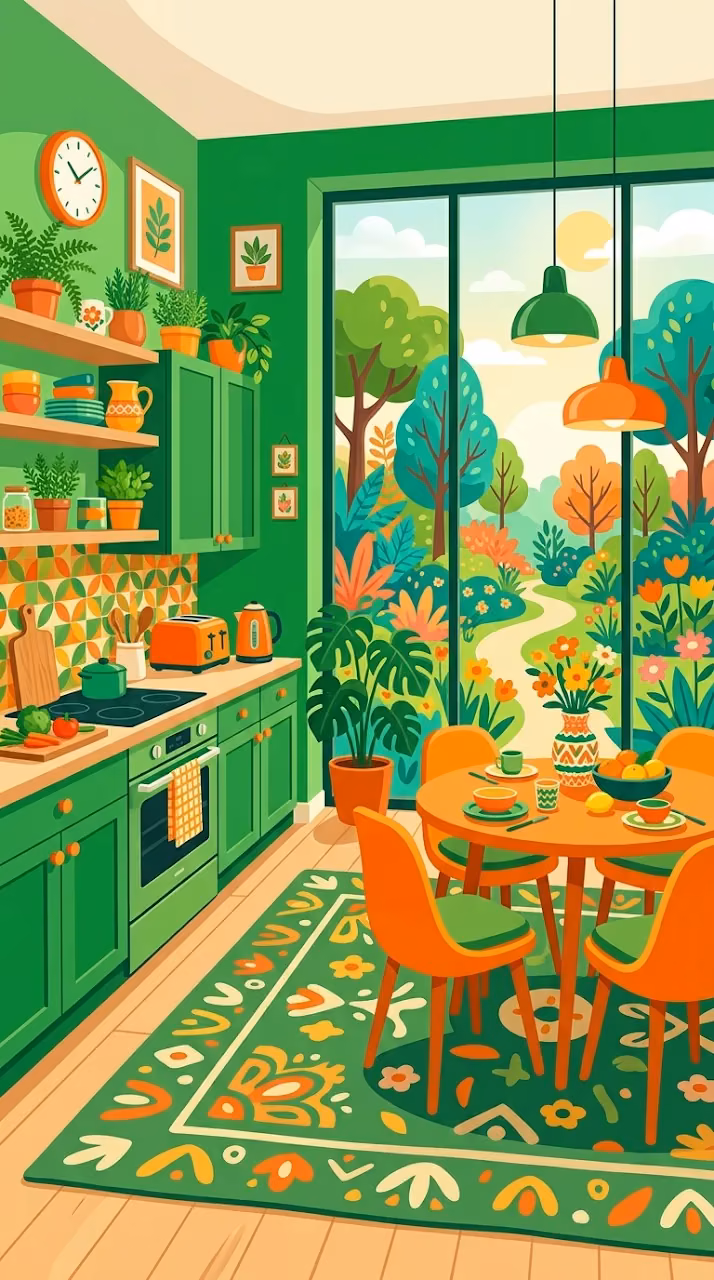 Modern Whimsical Kitchen Interior in Green and Orange - Free Mobile AMOLED Wallpaper Background