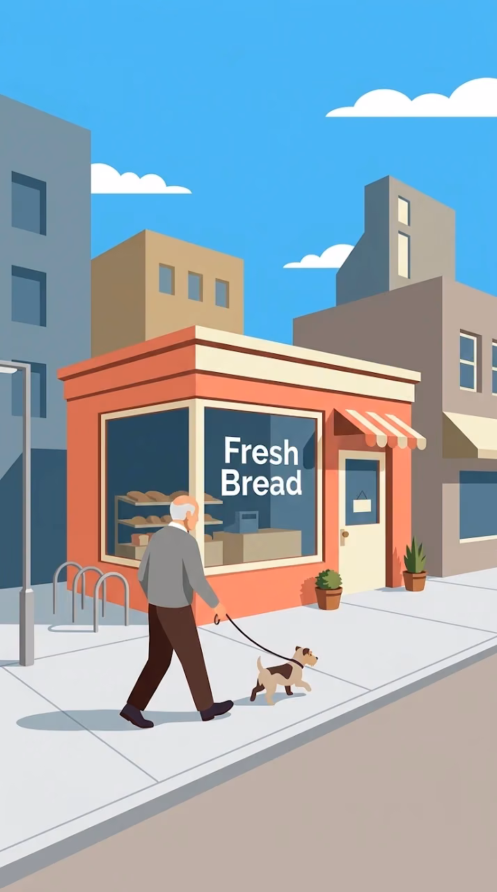 Download Modernist Geometric Bakery with Man and Dog Walking Wallpaper in Mobile HD Modernist Geometric Bakery with Man and Dog Walking - Free Mobile AMOLED Wallpaper Background