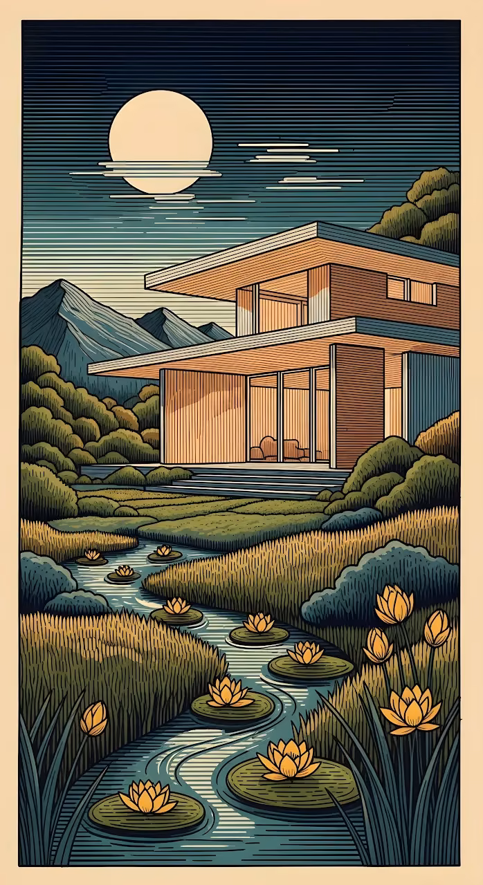 Download Modernist House by a Lily Pad Stream Under a Full Moon Wallpaper in Mobile HD Modernist House by a Lily Pad Stream Under a Full Moon - Free Mobile AMOLED Wallpaper Background