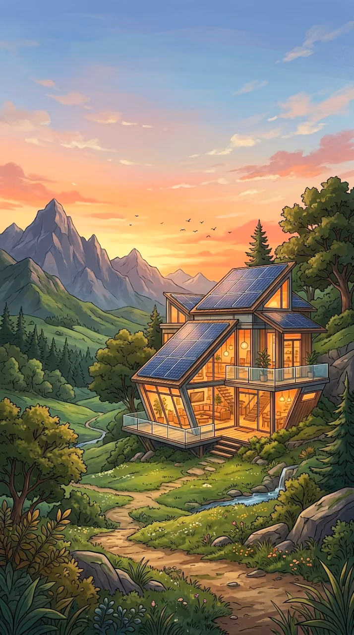 Modular Eco-Friendly House with Solar Panels in Green Valley - Free Mobile AMOLED Wallpaper Background