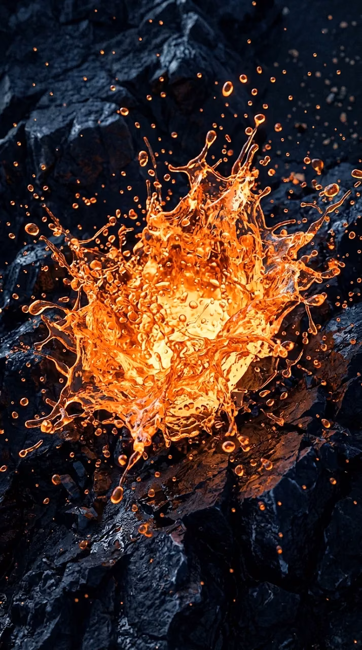 Molten Orange Lava Splashing Against Dark Blue Crystalline Formations - Free Mobile AMOLED Wallpaper Background