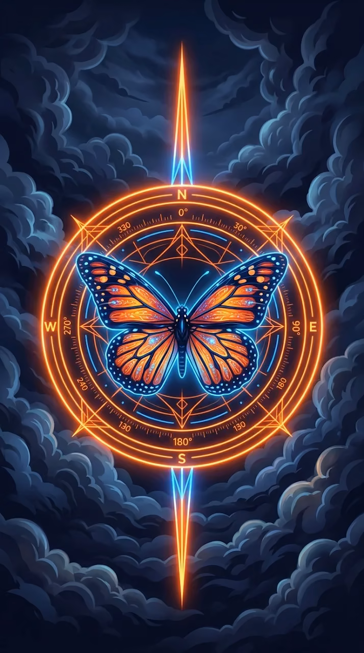 Monarch Butterfly with Glowing Neon Orange Compass and Geometric Rings - Free Mobile AMOLED Wallpaper Background