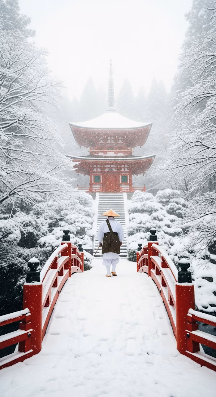 Download Monastic Figure Crossing a Snow-Covered Red Arched Bridge Towards a Japanese Pagoda Wallpaper in Mobile HD Monastic Figure Crossing a Snow-Covered Red Arched Bridge Towards a Japanese Pagoda - Free Mobile AMOLED Wallpaper Background