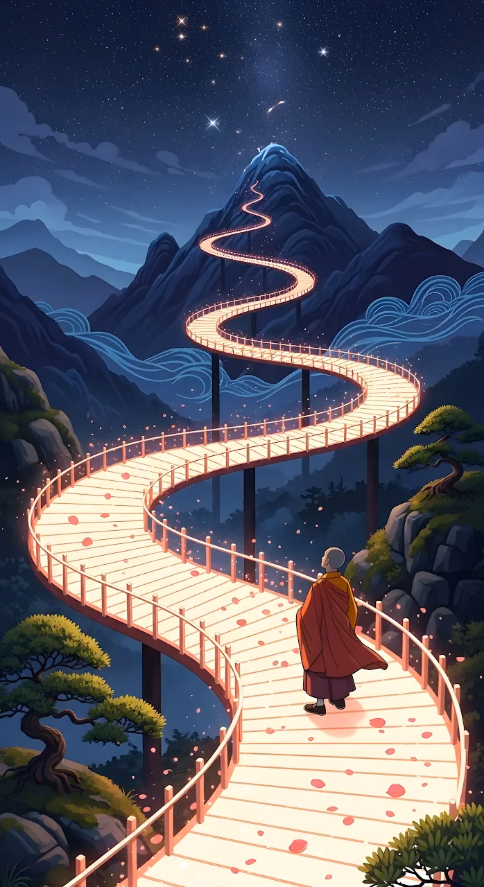 Monk Ascending Glowing Mountain Path Under Starlight - Free Mobile AMOLED Wallpaper Background