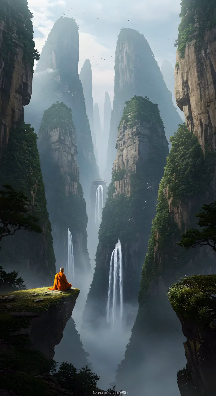 Monk Meditating Above Misty Valley Waterfalls - Free Mobile AMOLED Wallpaper Background