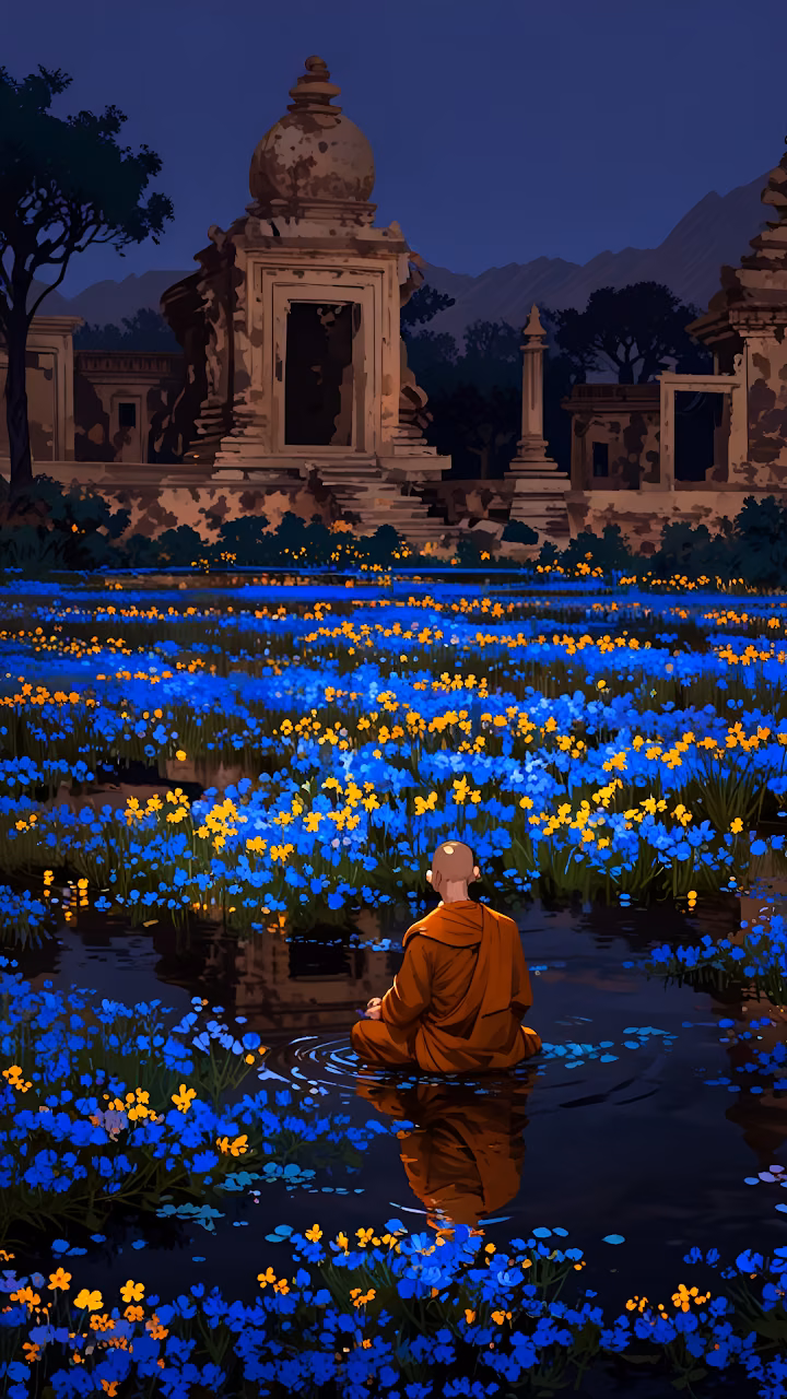 Monk Meditating in Blue Flower Field Ancient Temple Ruins - Free Mobile AMOLED Wallpaper Background