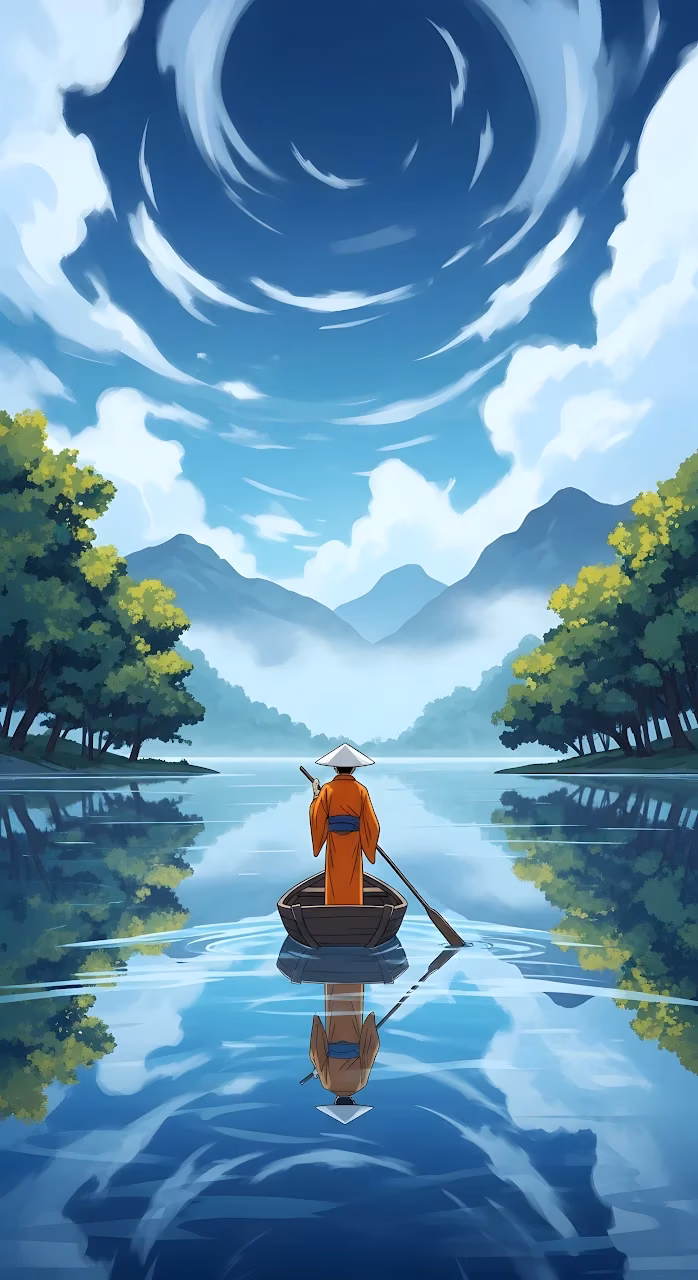 Download Monk Paddling Boat on Tranquil Reflective River Wallpaper in Mobile HD Monk Paddling Boat on Tranquil Reflective River - Free Mobile AMOLED Wallpaper Background