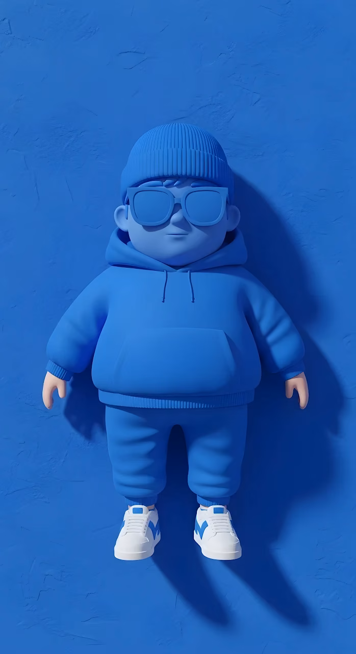 Monochromatic Blue 3D Character in Hoodie and Beanie - Free Mobile AMOLED Wallpaper Background