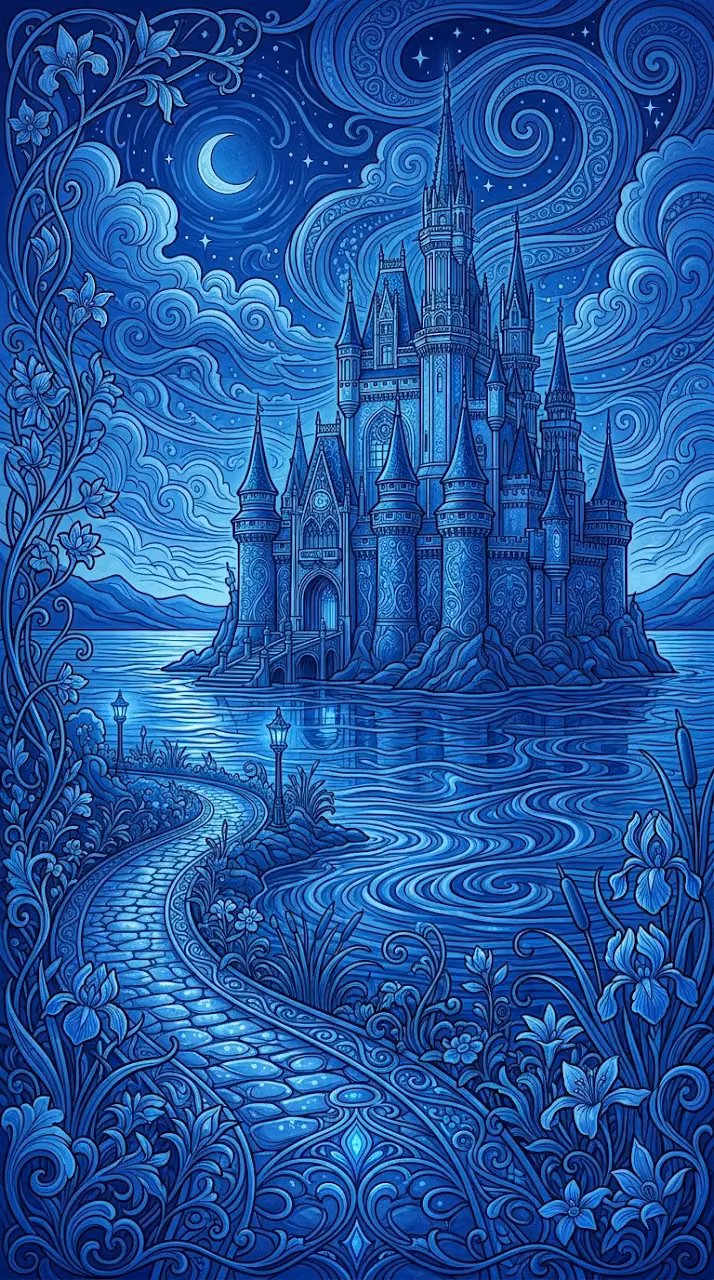 Download Monochromatic Blue Fantasy Castle with Rippling Lake Wallpaper in Mobile HD Monochromatic Blue Fantasy Castle with Rippling Lake - Free Mobile AMOLED Wallpaper Background