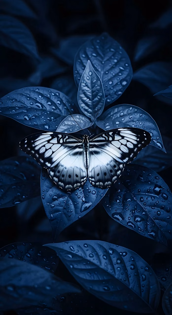Monochromatic Butterfly on Moody Indigo Foliage - Free Mobile AMOLED Wallpaper Background