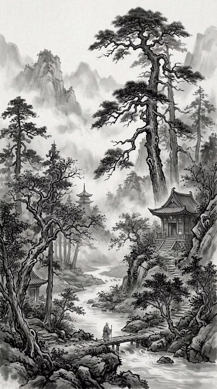Download Monochromatic East Asian Ink Wash Forest Illustration Wallpaper in Mobile HD Monochromatic East Asian Ink Wash Forest Illustration - Free Mobile AMOLED Wallpaper Background