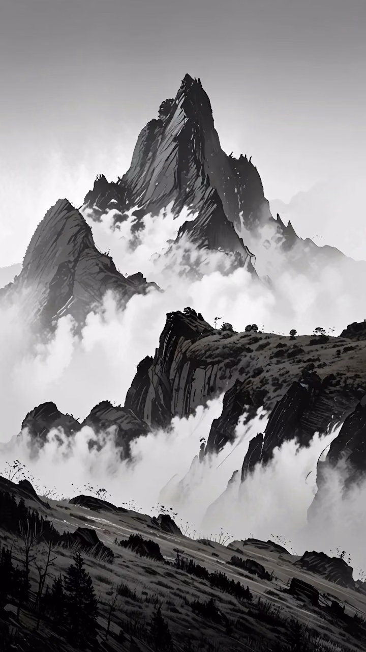 Download Monochromatic Ink Wash Mountain Peaks Digital Painting Wallpaper in 4K UHD Monochromatic Ink Wash Mountain Peaks Digital Painting - Free 4K Desktop Wallpaper Background