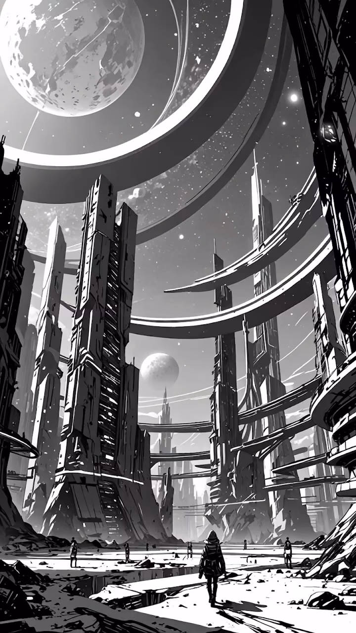 Monochromatic Sci-Fi Metropolis with Ringed Planet View - Free Mobile AMOLED Wallpaper Background