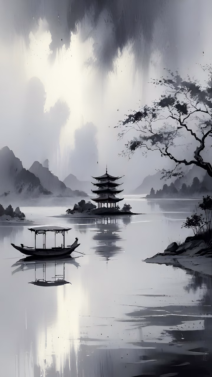 Download Monochrome Asian Pagoda Landscape Sumi-e Ink Painting Wallpaper in Mobile HD Monochrome Asian Pagoda Landscape Sumi-e Ink Painting - Free Mobile AMOLED Wallpaper Background