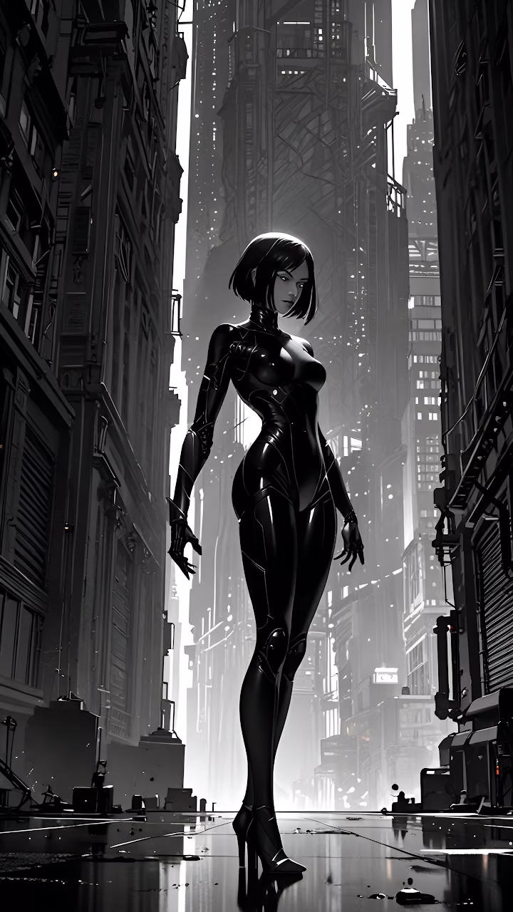 Download Monochrome Cyber Agent in Black Catsuit in Dystopian City Wallpaper in Mobile HD Monochrome Cyber Agent in Black Catsuit in Dystopian City - Free Mobile AMOLED Wallpaper Background