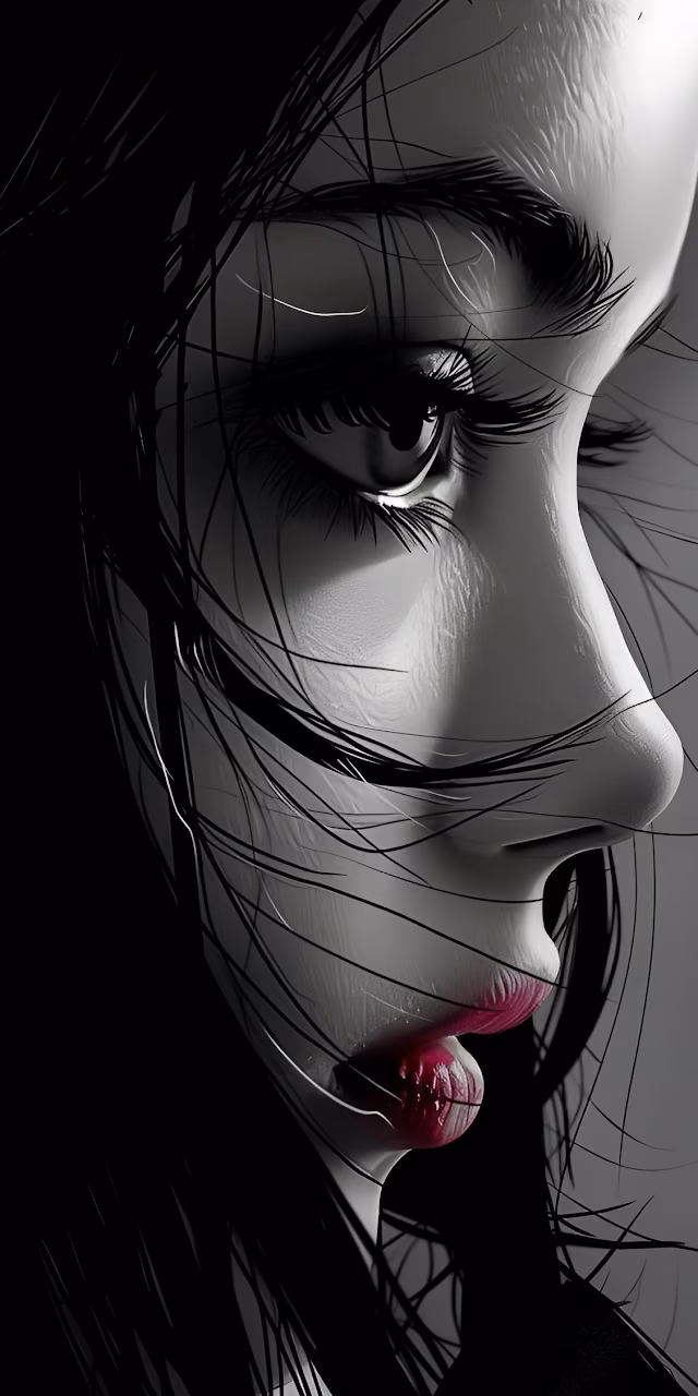 Monochrome Portrait with Bold Red Lips in Dramatic Light - Free Mobile AMOLED Wallpaper Background