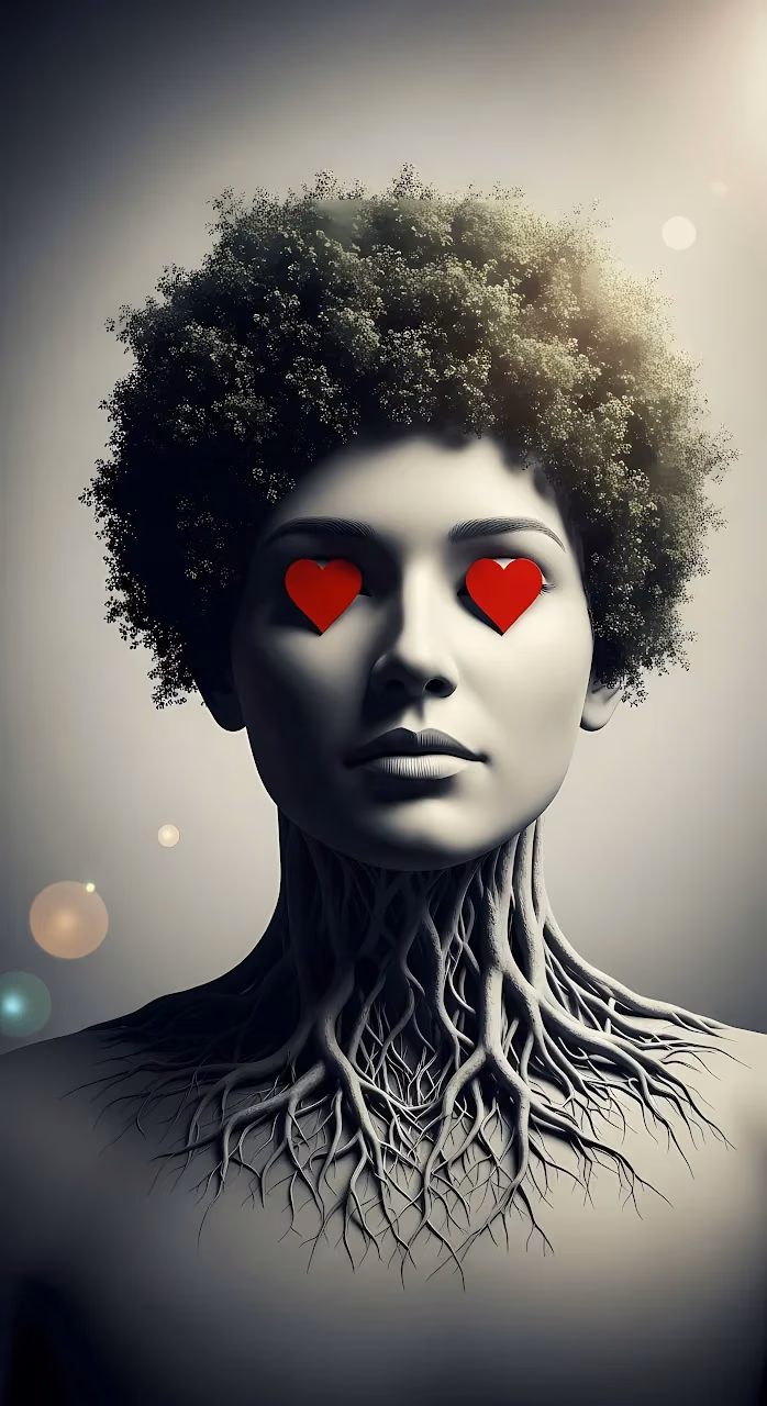 Monochrome Portrait of Woman with Roots and Heart Eyes - Free Mobile AMOLED Wallpaper Background