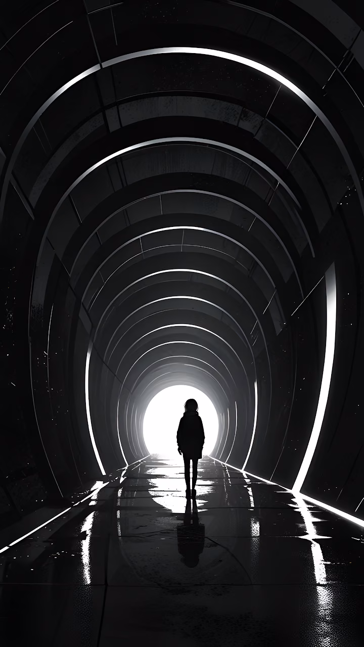 Monochrome Silhouette Walking Towards Light in SciFi Tunnel - Free Mobile AMOLED Wallpaper Background