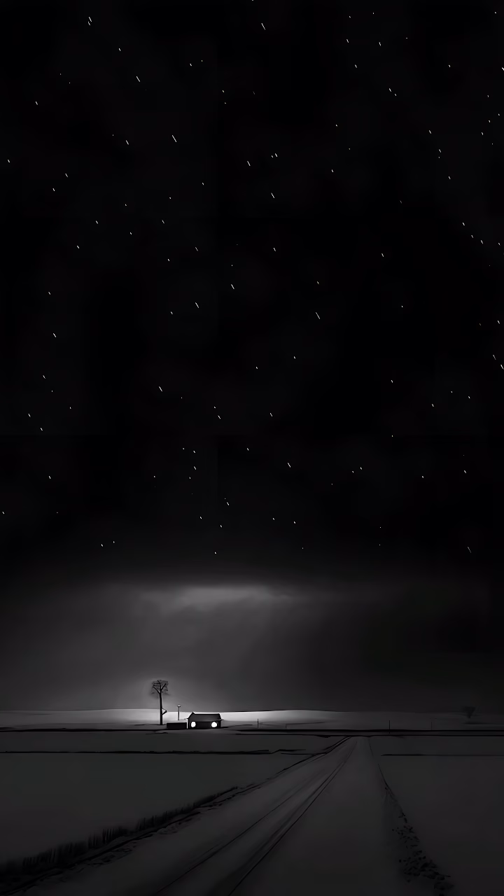 Monochrome Snowy Night Road Illuminated Cabin Minimalist Art - Free Mobile AMOLED Wallpaper Background