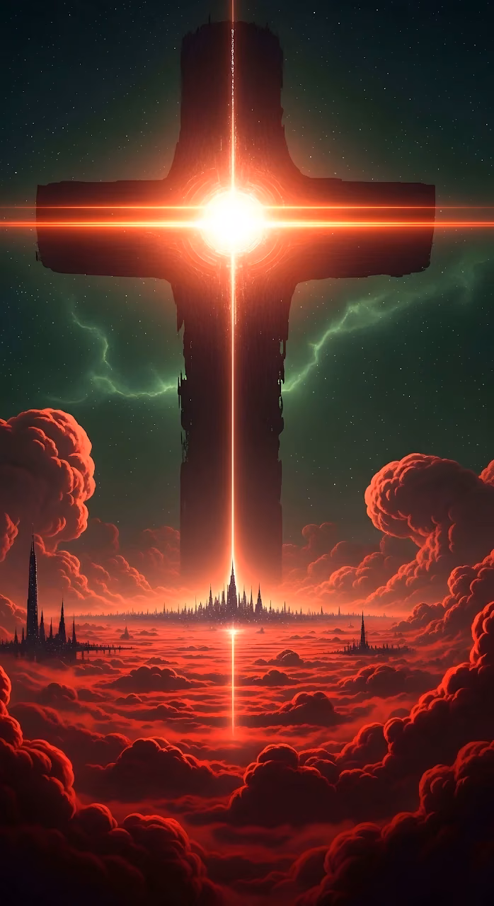 Download Monolithic Cross Structure Above Red Cloudscape Cityscape Wallpaper in Mobile HD Monolithic Cross Structure Above Red Cloudscape Cityscape - Free Mobile AMOLED Wallpaper Background