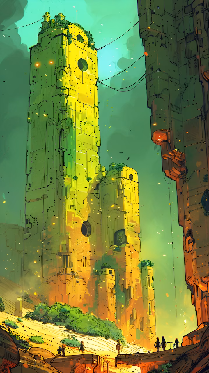 Monumental Sci Fi Ruins Neon Green Tower Digital Illustration - Free Mobile AMOLED Wallpaper Background